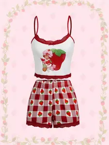 Strawberry Shortcake Women's Cute Cartoon Figure Graphic Contrast Lace Camisole Top And Plaid Shorts Casual Pajama Set