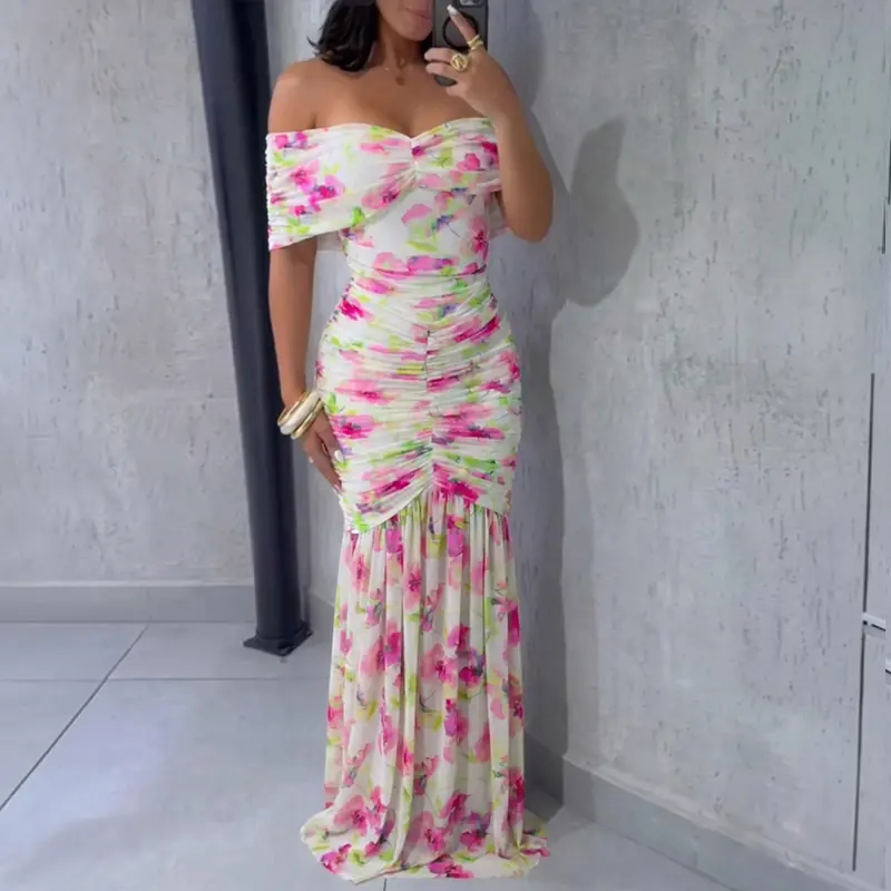 CHICME Women's Floral Print Foldover Off Shoulder Ruched Maxi Summer Dress/Tropical Outfits/Bump friendly fashion Elegant Mermaid Hem Party Dress