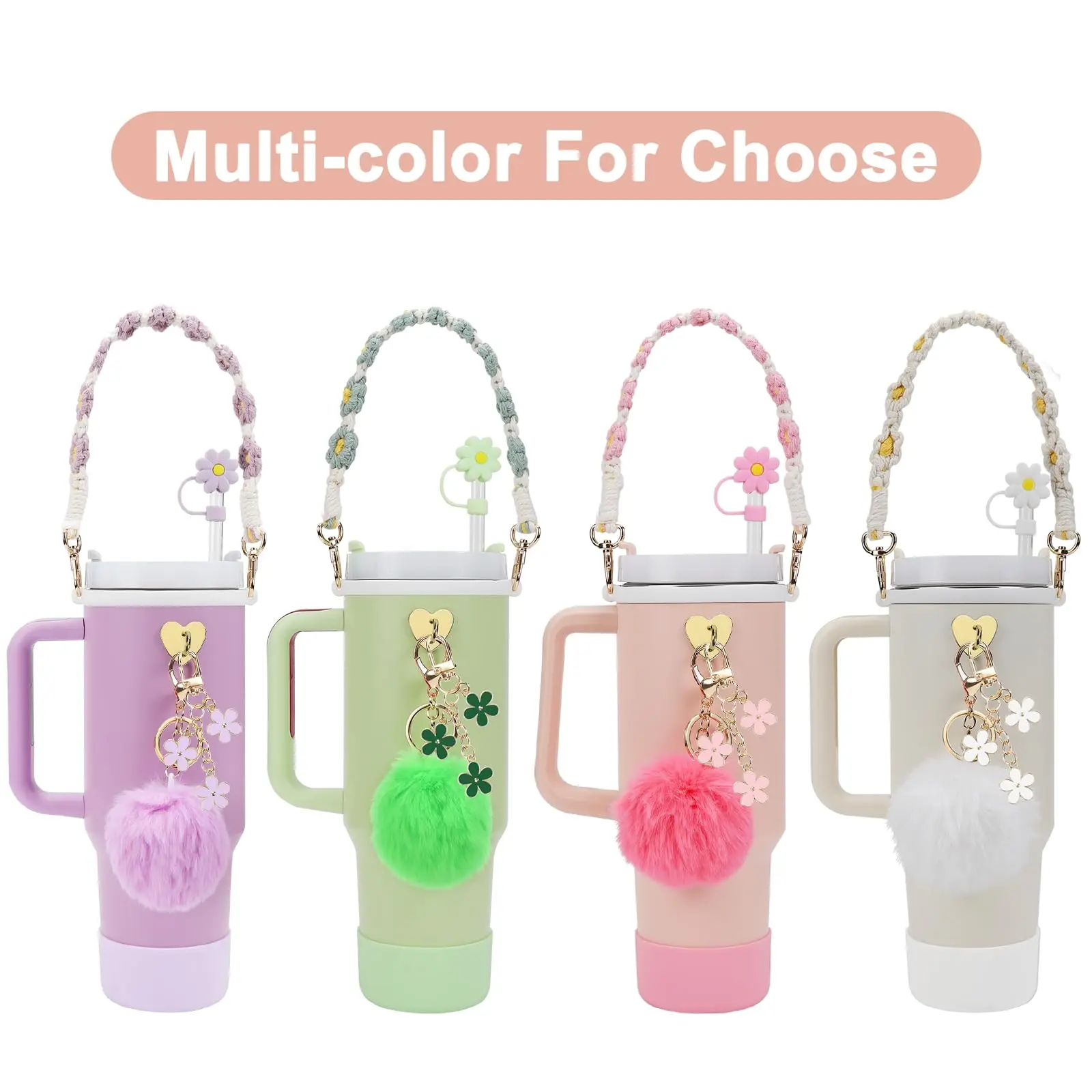 Water Bottle Handle Strap & Silicone Boot & Straw Cover & Charm Set, 7 Counts/set Water Bottle Accessories, Drink Protectors for 40oz & 30oz Tumbler, Straw Toppers For Tumblers, Drinkware, Drinking Gadgets