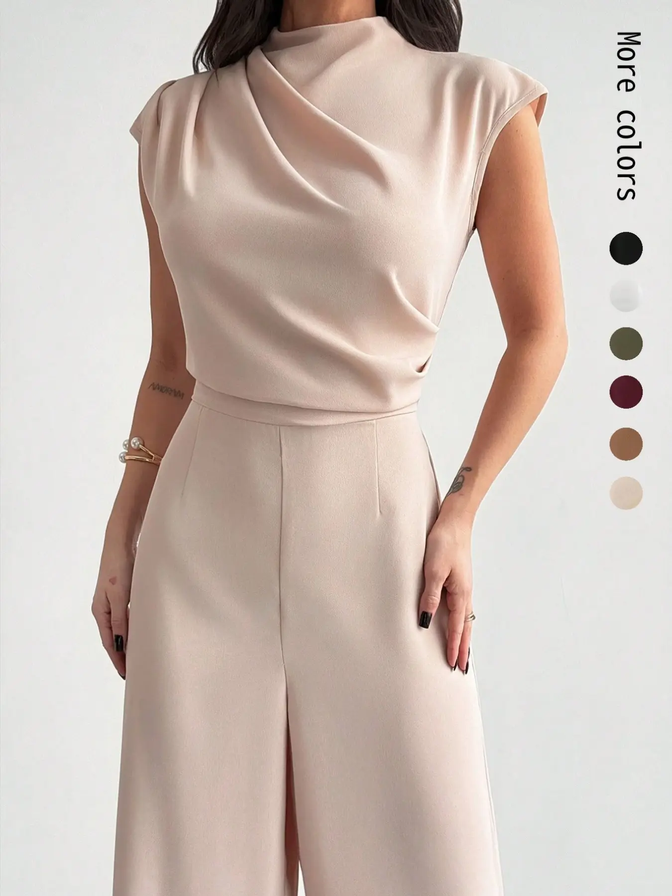 Elegant Women's High Waist Wide Leg Jumpsuit, Modern Commuter Womenswear Fashion, Stylish Chic Pleated Stand Collar Cover Sleeve, Trendy One-Piece Pants
