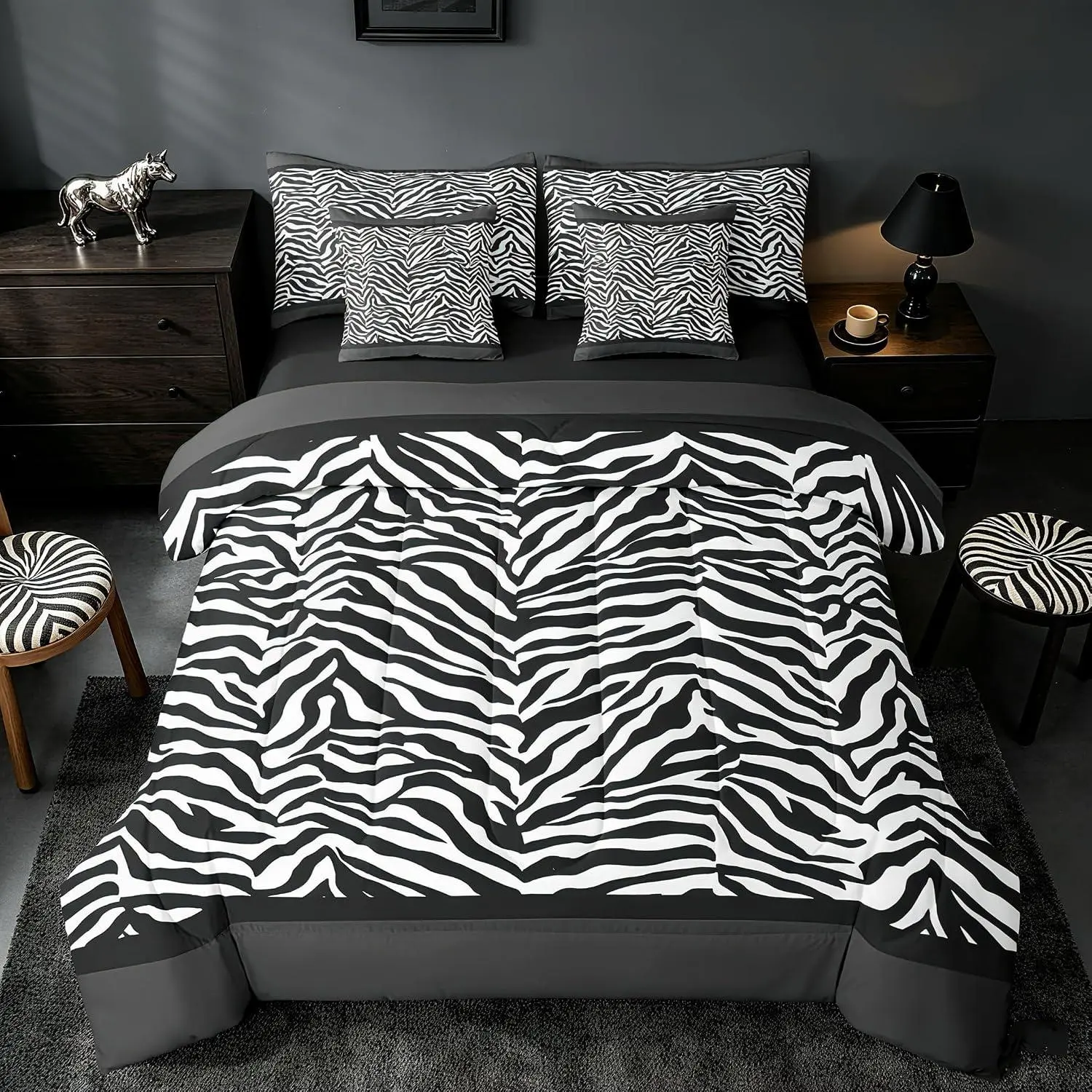 Feelyou 7-Piece Zebra Print Bedding Set - Animal-Inspired Zebra Stripes, Geometric Shapes, Breathable Softness, Multi-Size Bed-in-a-Bag with Comforter, Sheets, Pillowcases, Cushion Covers (White & Black)