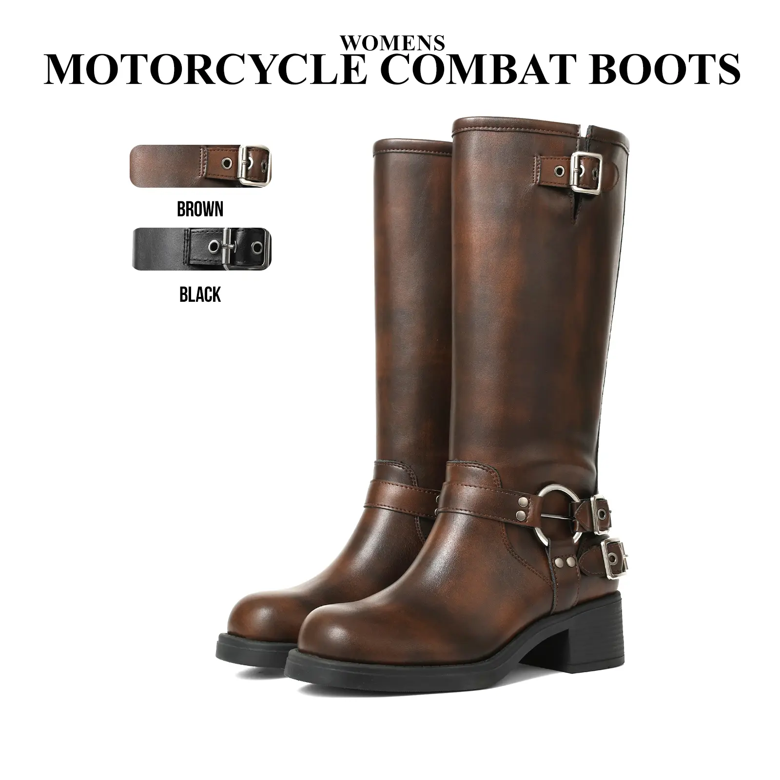 CYNLLIO Womens Motor Cycle Combat Boots Round Toe Fashion Metal Buckles Chunky Block Heel Rivets Wide Calf Riding Boot Pull On Casual Vintage Dress Spring Rocky Boots Chunky Heel Vintage Riding Boots Deals For You Days
