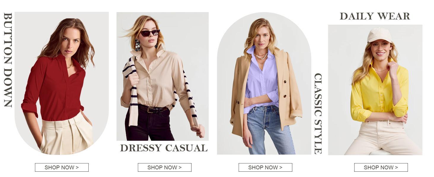 2 Pack Siliteelon Button Down Stain Shield Dress Shirts for Women Collared Wrinkle Free Dress Shirt Classic Fit Long Sleeve Tops Business Casual Work Classy Layering Blouse January Outfits Inspo