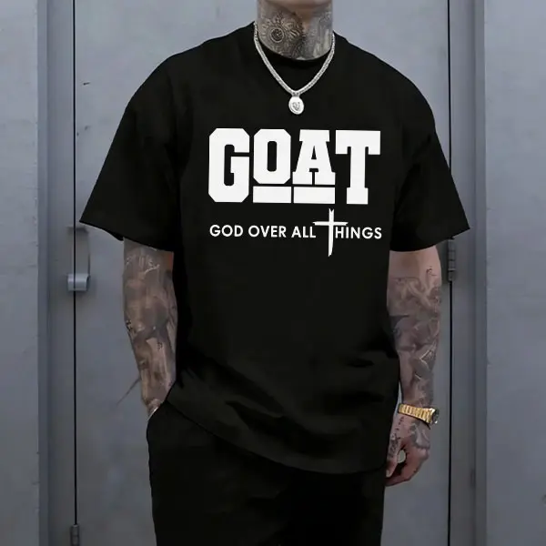 Men’s Stylish Christian “GOAT God Over All Things” Graphic Tshirt - Menswear Round Neck Shortsleeve Tee, Breathable Casual Streetwear for Church Events & Everyday Summer Wear