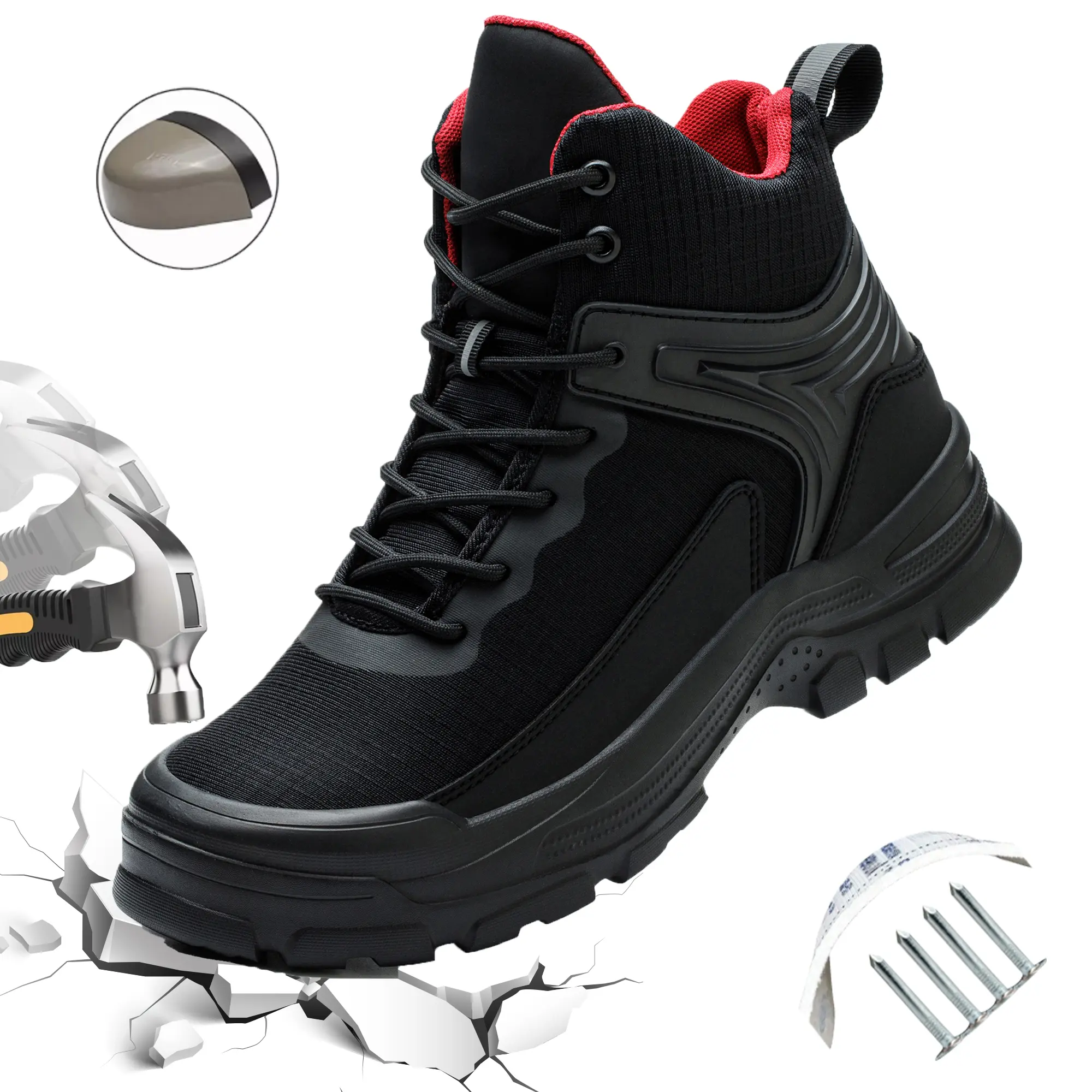 Men’s safety shoes, high-top design specifically for men, featuring steel toe protection and puncture resistance, made from Kevlar material—lightweight yet sturdy, suitable for outdoor and workshop work environments.