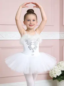 White Ballet Tutu Dress for Girls – Sparkly Sequin & Feather Trim Dance Costume for Recital, Performance, Birthday Party – Kids Ballerina Outfit with Tulle Skirt
