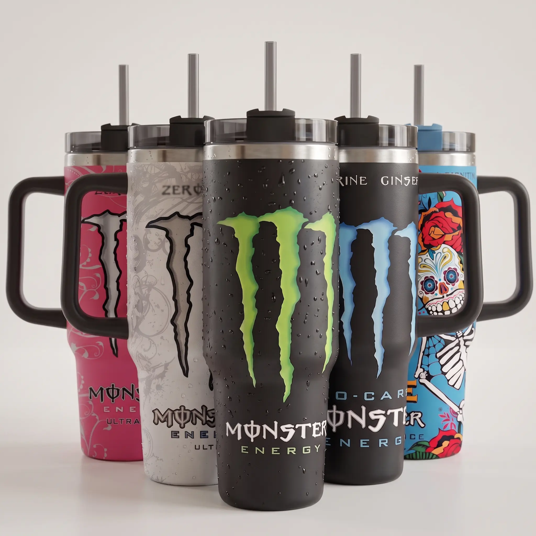 MONSEnergy Drink Flavors Inspired Tumbler Cup 40oz/30oz With Handle & Straw, Perfect For Gym Lovers & Gamers, Aesthetic White Mug, Mons All Flavors Theme Cup, Gift For Friends