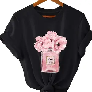 Women'S Floral Print T-Shirt, Paris Flower Design, Casual Crew Neck Short Sleeve Top, Knit Fabric,Cotton Womenswear western outfits Unisex