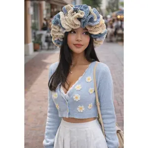 Crochet Ruffled Brim Hat - Denim