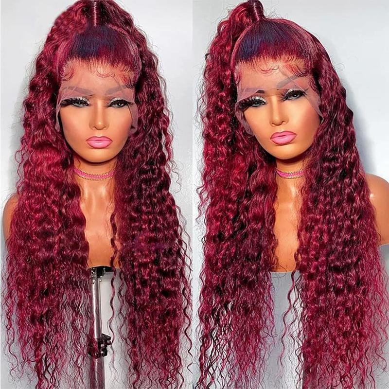 99j Burgundy 13x6 Deep Wave Lace Front Wigs Human Hair  HD Transparent Lace Front Wigs Human Hair for Women 180 Density Pre Plucked Wet And Wavy Red Colored Deep Curly Lace Frontal Wig