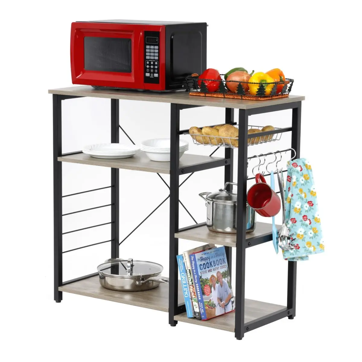 212 MAIN Modern Rustic Sewn Oak Laminate Kitchen Island, 33x35.5x15.75in Metal Frame, Shelf, Slide-Out Vegetable Basket, Neutral Tone, Easy Assembly for Home Use