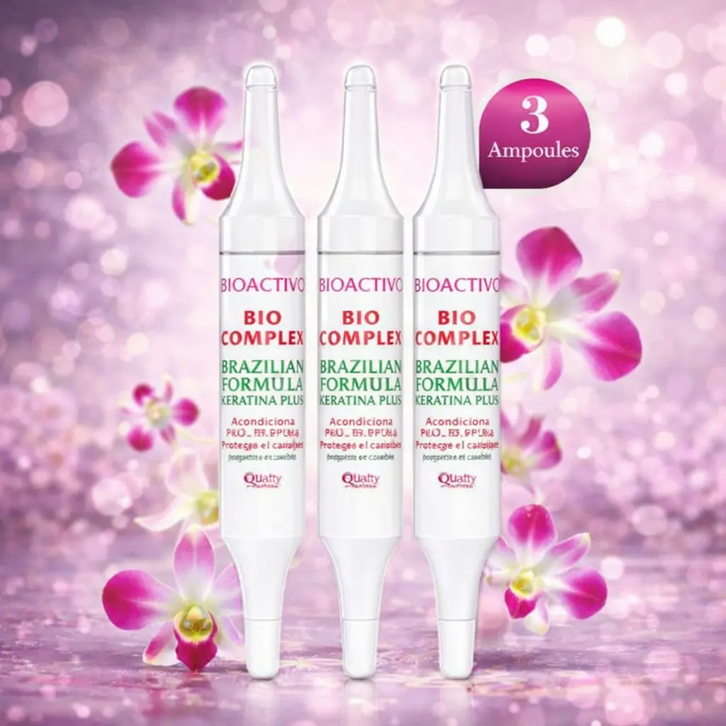 Bio Complex Bioactivo Brazilian Keratin Hair Ampoules, Flawless Smoothing Liquid Treatment for Frizz Control & Silky Shine, 3-Pack, 18mL, Moisture, Wavy, Shiny Hair, Female, Haircare, Hydrating, Repair, Nourishing, Moisturizer, Non Toxic, Textured, Alcoho