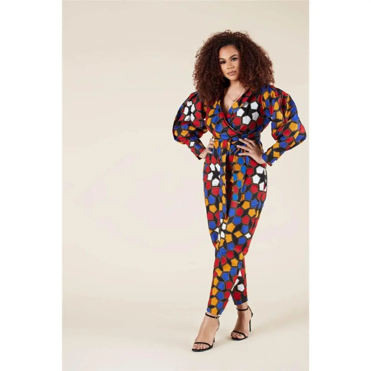 Women's V-neck Autumn Long-sleeved Jumpsuit African Style Cropped Trousers