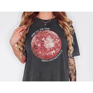 Youth & Adult Kiss All The Time Disco Occasionally Shirt Retro Disco Ball Graphic Tee Vintage Music Aesthetic T Shirt Funny Party Sweatshirt