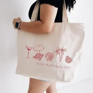 Personalized Beach Bachelorette Tote Bag, Custom Bach Trip Canvas Tote, Palm Shell Cocktail Line Art Tote, Girls Getaway Travel Bag, Minimal Summer Aesthetic Tote