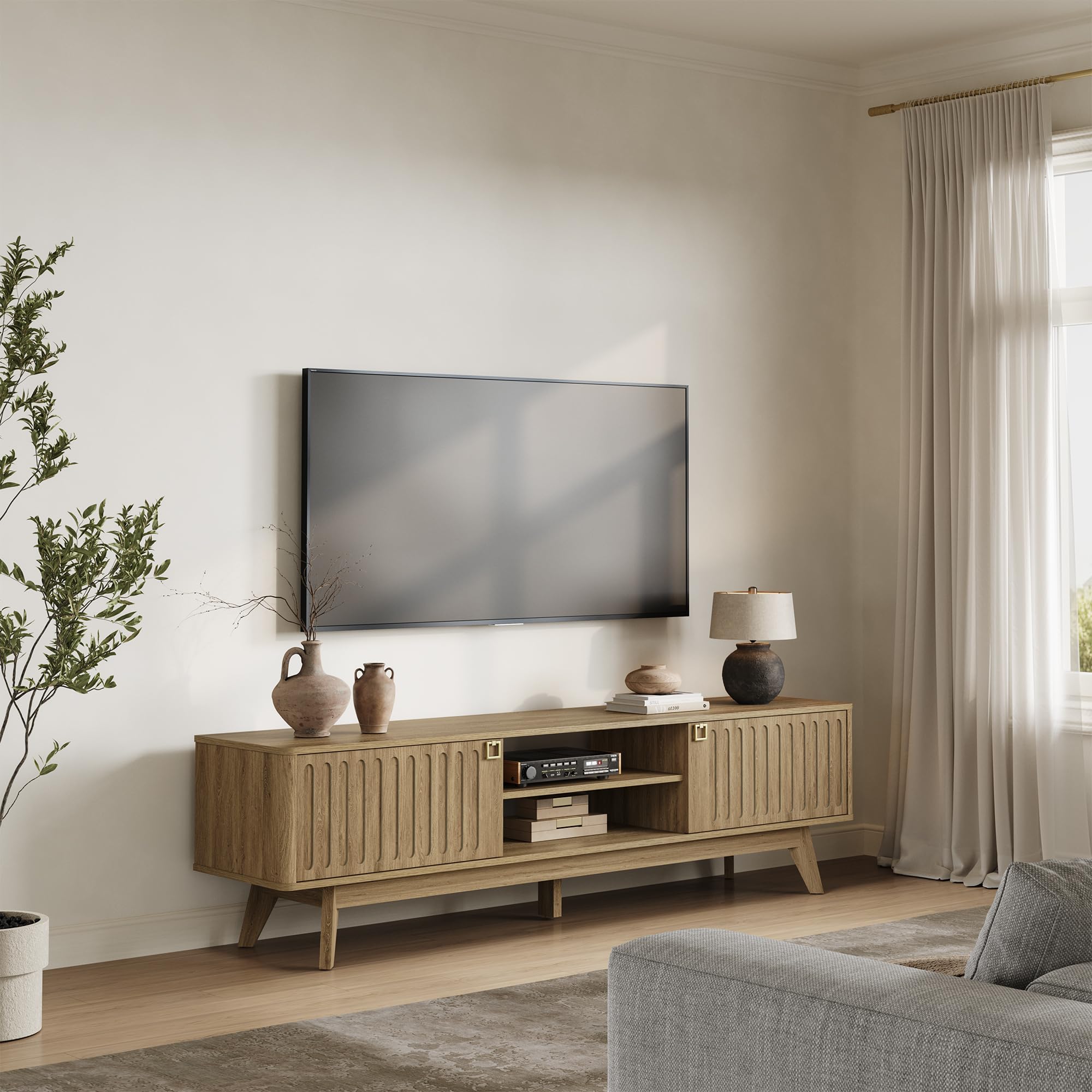 SICOTAS TV Stand for Living Room, 70" Long TV Stand Entertainment Center with 2 Storage Cabinets, Modern Fluted-Door Media TV Console Credenza Table for 65/75/80 Inch TV, Light Oak