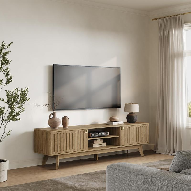 SICOTAS TV Stand for Living Room, 70" Long TV Stand Entertainment Center with 2 Storage Cabinets, Modern Fluted-Door Media TV Console Credenza Table for 65/75/80 Inch TV, Light Oak