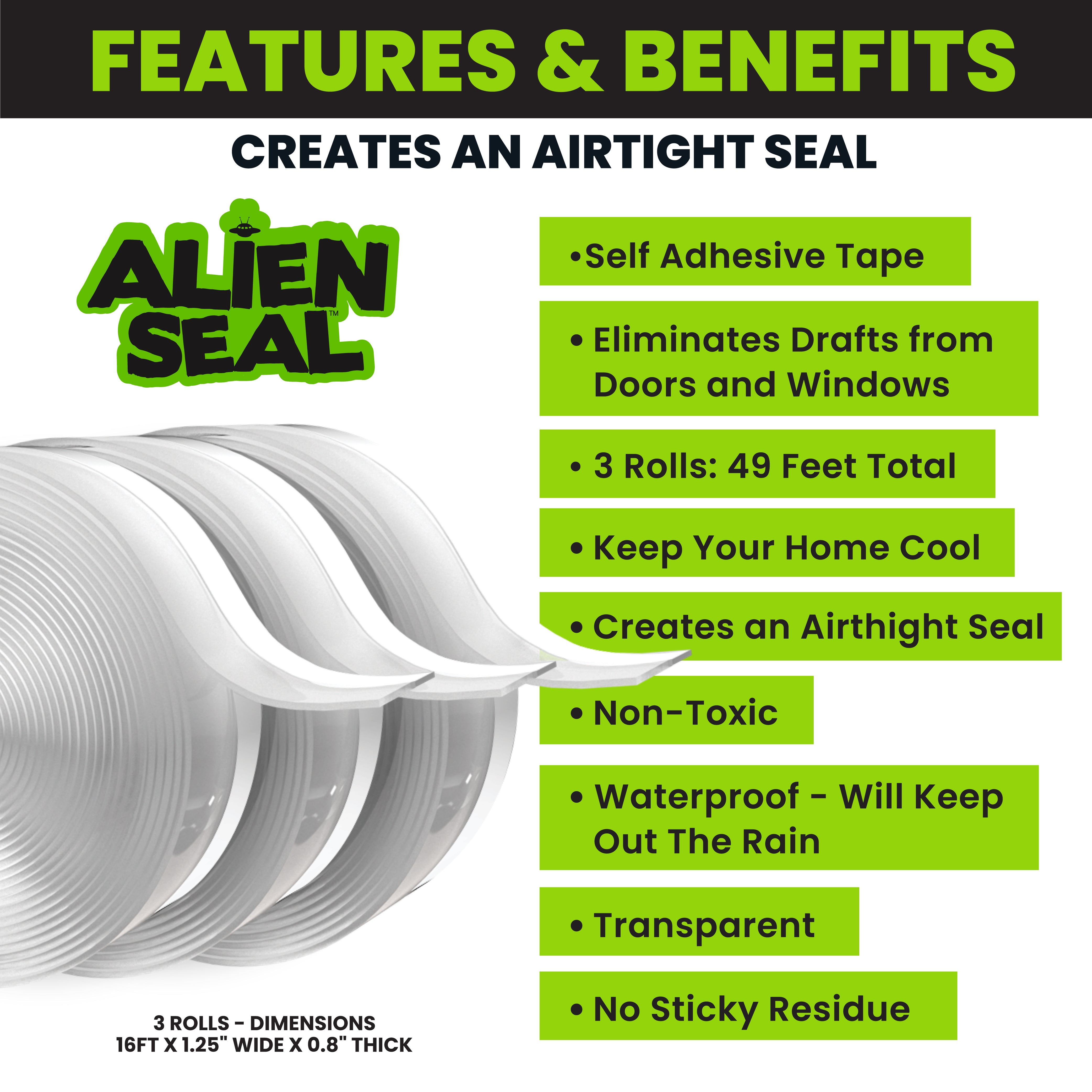 Alien Draft Seal Insulation Tape - Self-Adhesive Silicone Weather Stripping for Door & Window, Under-Door Draft Stopper, Bottom & Side Seal - Sealing