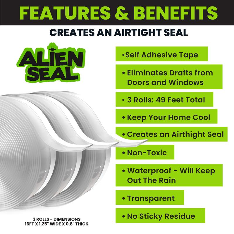 Alien Draft Seal Insulation Tape - Self-Adhesive Silicone Weather Stripping for Door & Window, Under-Door Draft Stopper, Bottom & Side Seal - Sealing