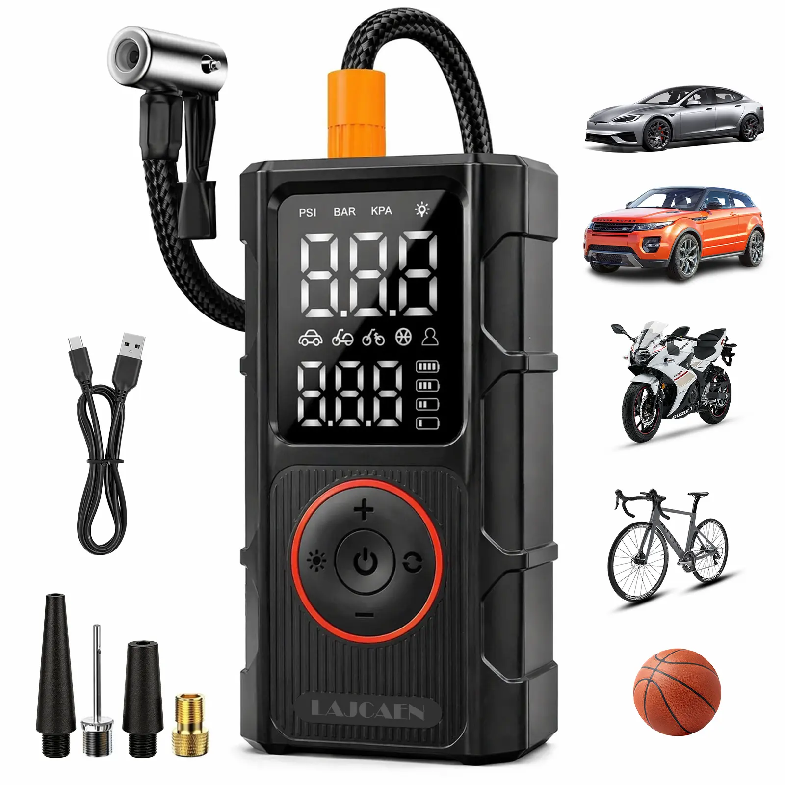 Cordless Wireless Rechargeable Tire Inflator Pump with Digital Pressure Gauge, LED Light, Multifunctional Nozzle Adapter - Car Accessories, Tire Repair & Fitting Tools for Cars, Bicycles, Cordless Tire Inflator