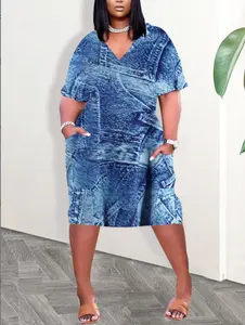 Women's Plus Size Denim Print V Neck Midi Dress - Short Sleeve Casual Spring Summer Outfit with Pockets for Brunch and Vacation