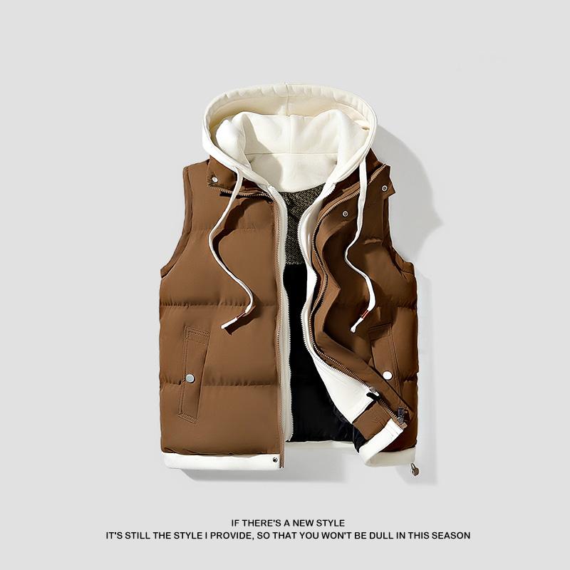 Men's hooded vest cotton-padded thick warm sleeveless jacket vest waistcoat faux two-piece coat, available in various colors, men's Christmas clothing, men's gift