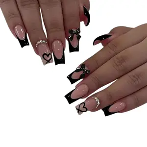 Medium Coffin Press-On Nails – Black French Tip False Nails with Bow & Heart Charms, 24-Piece Set