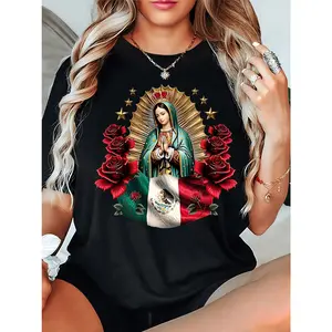 Religious Women s Short Sleeve T Shirt Featuring Virgin Mary And Mexican Flag Design Comfortable All Season Casual Top