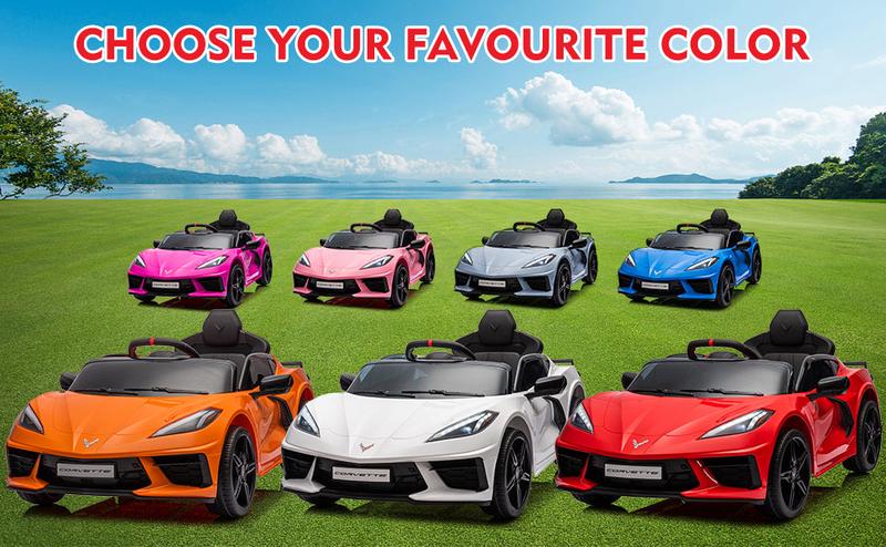 【GARVEE】12V Licensed Corvette Electric Sports Car for Kids with Remote Control, Visual Dashboard, LED Lights, Music, Battery Powered, Available in Multiple Colors Including Rose Red, Red, Light Blue, Orange, Pink, Dark Blue, and White