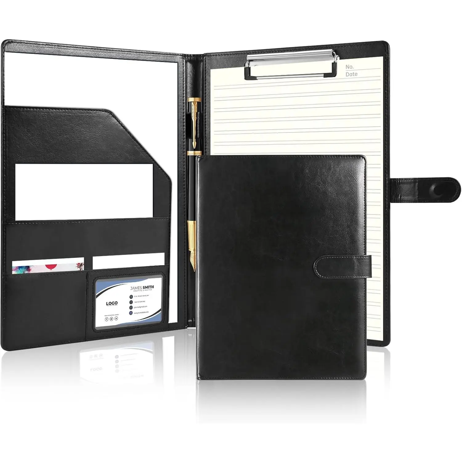 Synthetic Black PU Leather Professional Portfolio Binder - Metal Clips Clipboard Padfolio, A4/Letter Size Legal Pad Holder, Multi-Pocket Files Organizer, Business Card Holder, Corporate Work Desk Accessories, Desk Tidy for Interviews, Conferences, Office,