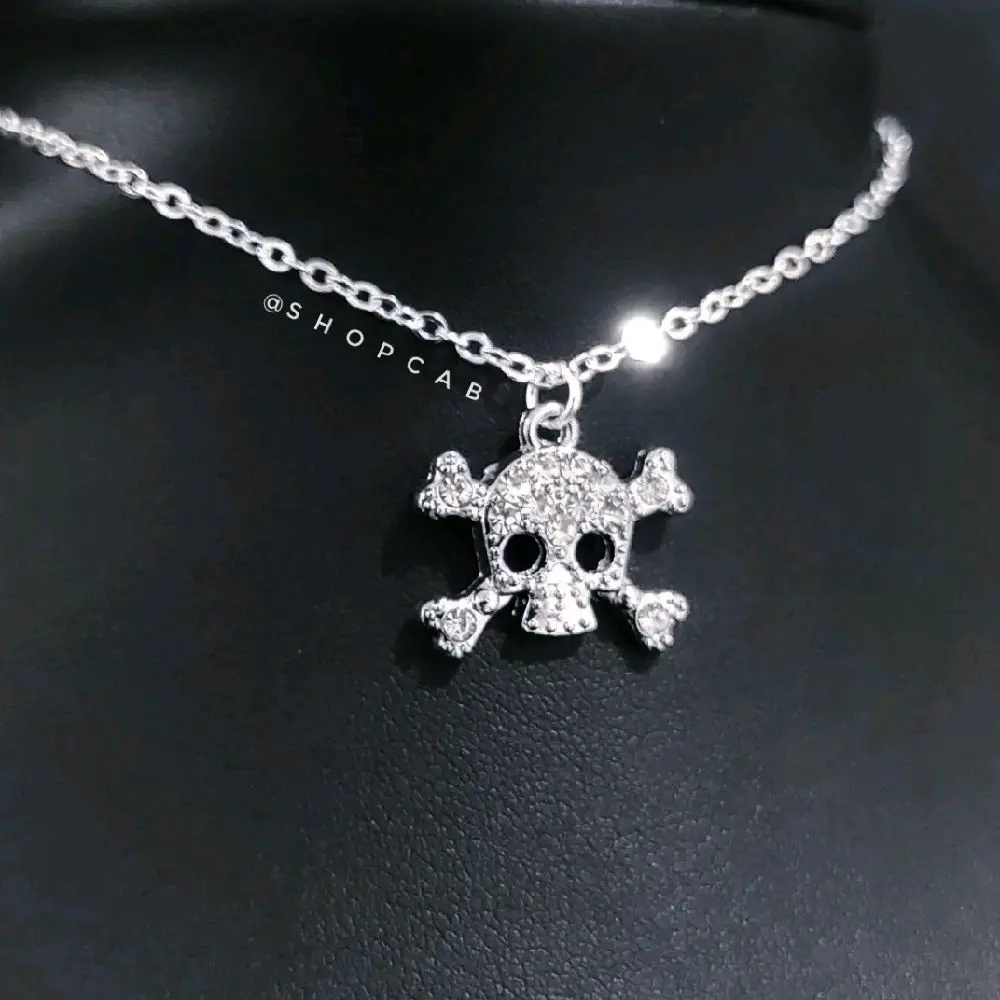 Silver Crystal Skull & Bone Choker - 001