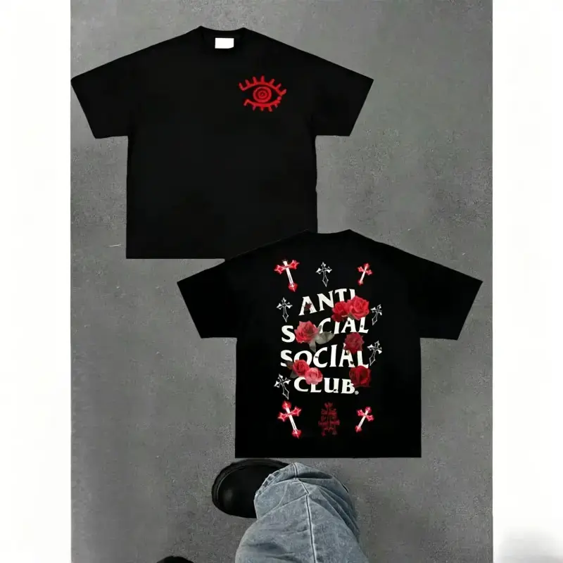 Unisex Anti Social Social Club Loose Graphic Sports Top - Gothic Red Rose & Cross Print, Black, Smooth Fabric - Easy to Match with Outfits Like Jeans, Shorts, Leggings - For Gen Z Urban Casual Streetwear