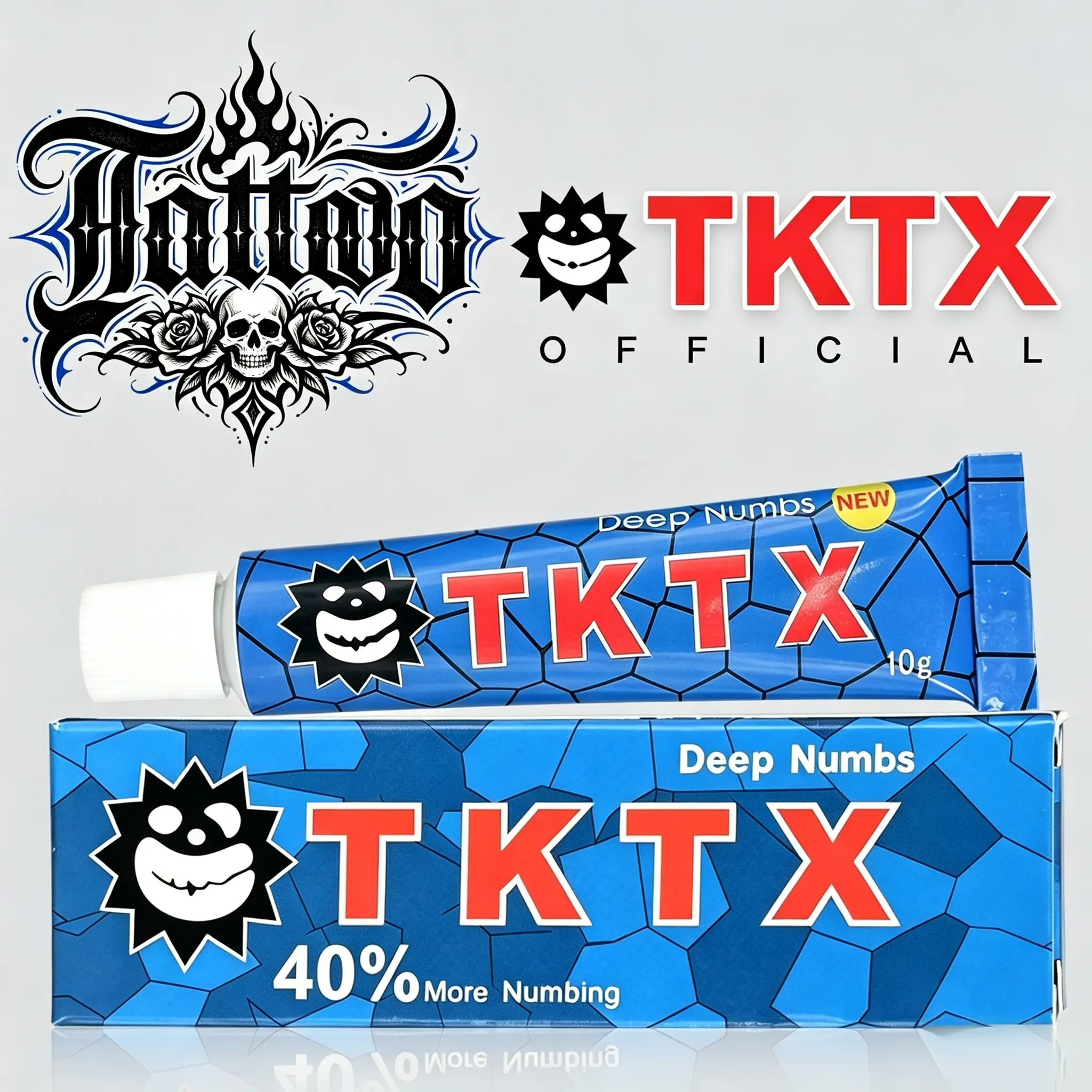 TKTX Boasting a 40% fast- acting numbing formula, Tattoo Numbing  Cream is blended with lidocaine and  professional anesthetic ingredients. Perfect  for tattoo artwork and a full range of  cosmetic treatments.