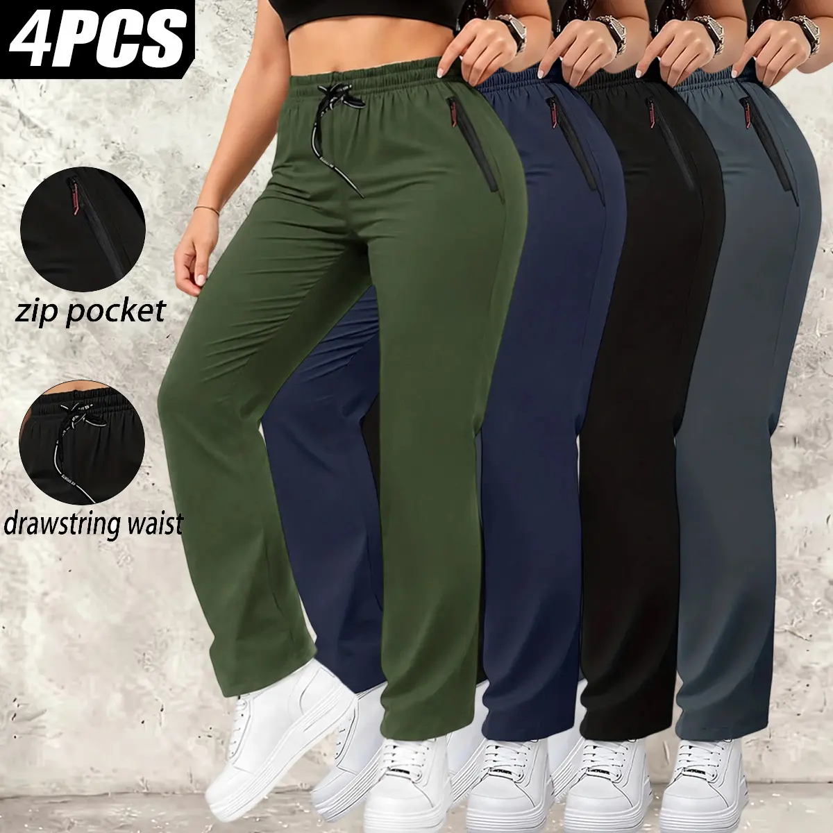 Women's Casual Long Pants, 4-Pack Plain Athletic Polyester Joggers with an Elastic Waist, Side Pockets and Quick-Dry Fabric, Women's Clothes, Drawstring, Lightweight, Normal Type