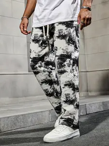 Men’s High Street Tie-Dye Drawstring Jeans — 2026 Spring/Summer New Black & White Splatter Gradient Straight-Leg Casual Pants