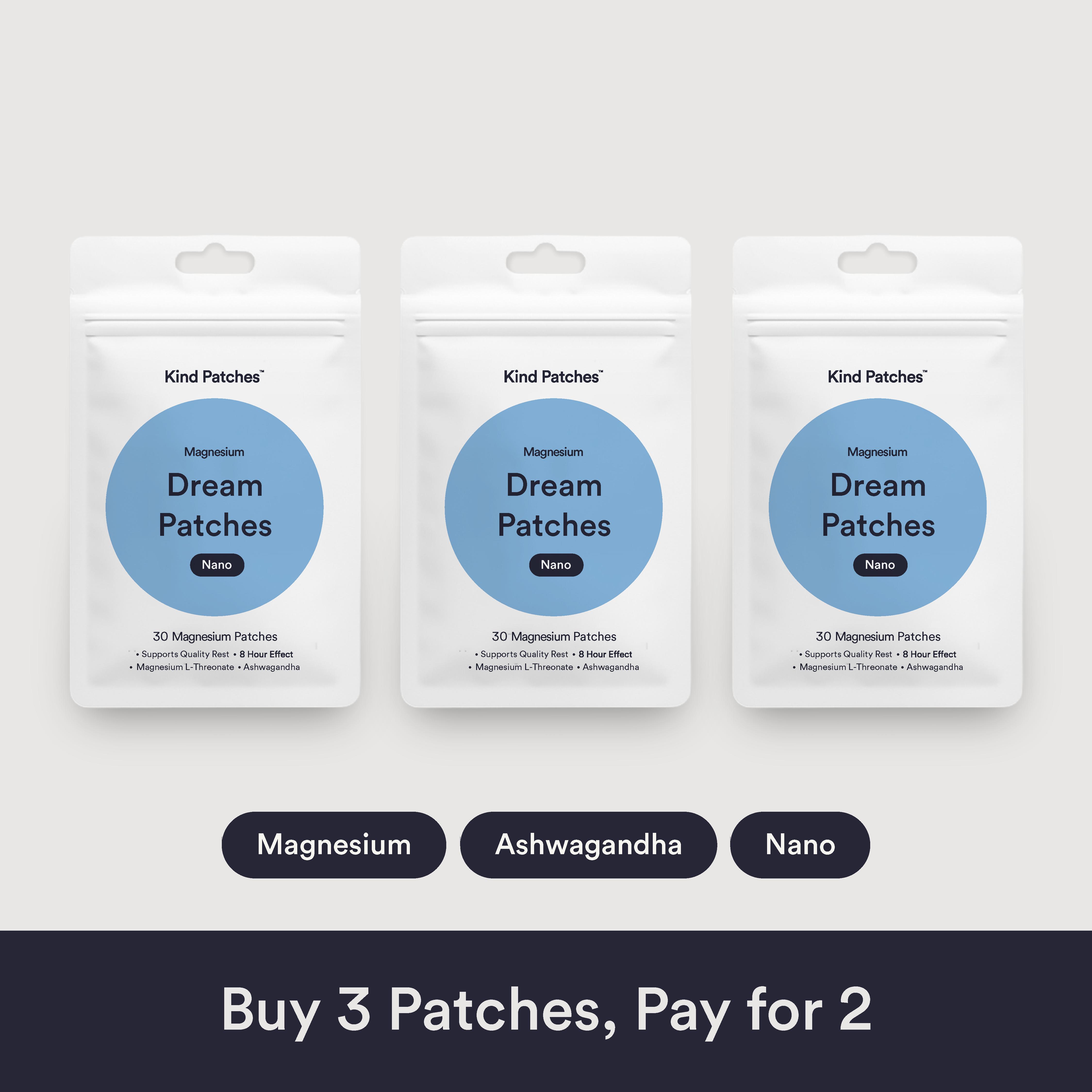 3 Packs of Kind Patches Dream Patches Nano, 90 Magnesium & Ashwagandha Patches, Support Quality Rest, 8 Hour Effect, Magnesium L-Threonate, Ashwagandha, 3 Months Supply