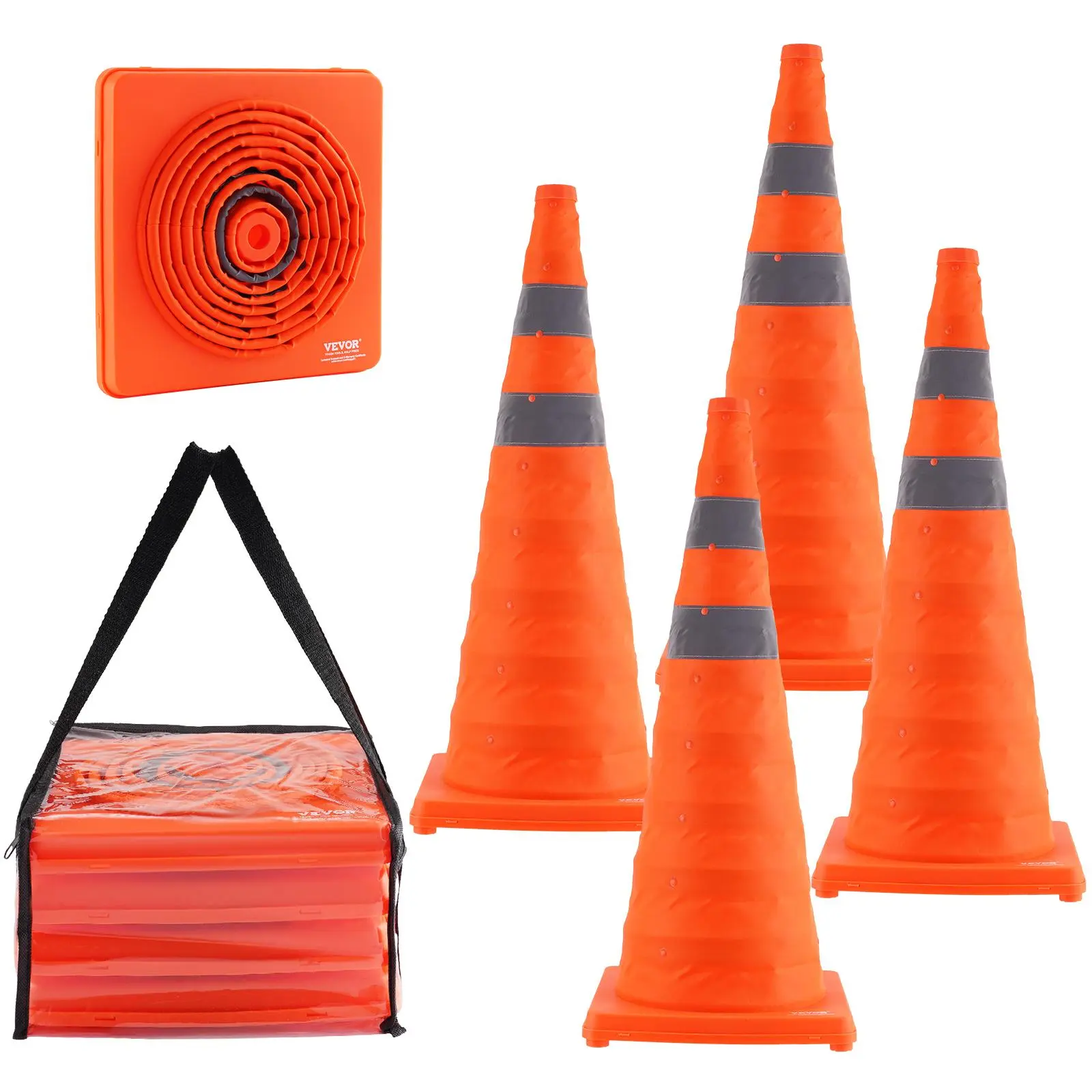 【Summerfinds】VEVOR Safety Cones, 4 Pack 28 inch Collapsible Traffic Cones, Construction Cones with Reflective Collars, Wide Base and A Storage Bag, for Traffic Control, Driving Training, Parking Lots