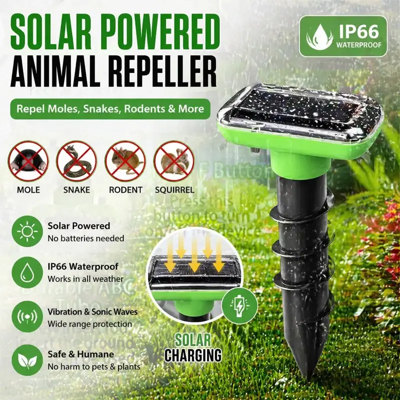 2026 Upgraded Solar Pest Repeller – Rodent Repellent, Electronic Pest Repeller, Ultrasonic & Sonic Deterrent for Snakes, Gophers & Rodents – Waterproof, Pet-Friendly & Safe for Lawns & Gardens