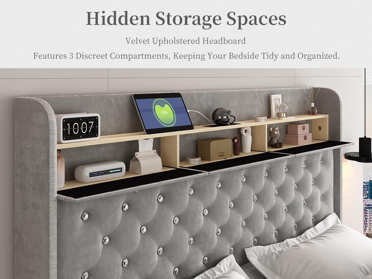 Queen Led Bed Frame with Galaxy Aurora Star Projector, Queen Platform Bed with Charging Station, 52" Upholstered Hidden Storage Headboard with Wingback, Noise Free, No Box Spring Needed, Velvet Grey