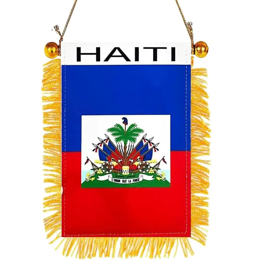 2 Pack-Haitian Fringy Window Hanging Flag - Small Mini Haiti Flag Banner for Car Rearview Mirror Décor - Fringed -Haiti Hanging Flag with Suction Cup & Fringy-4x6 ''
