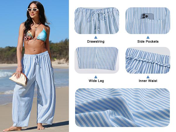 【SS26 Collection】TARSE Womens  Wide Leg Striped Plaid Pants Casual Barrel Loose Drawstring Low Waist Palazzo Harem Pants with Pockets