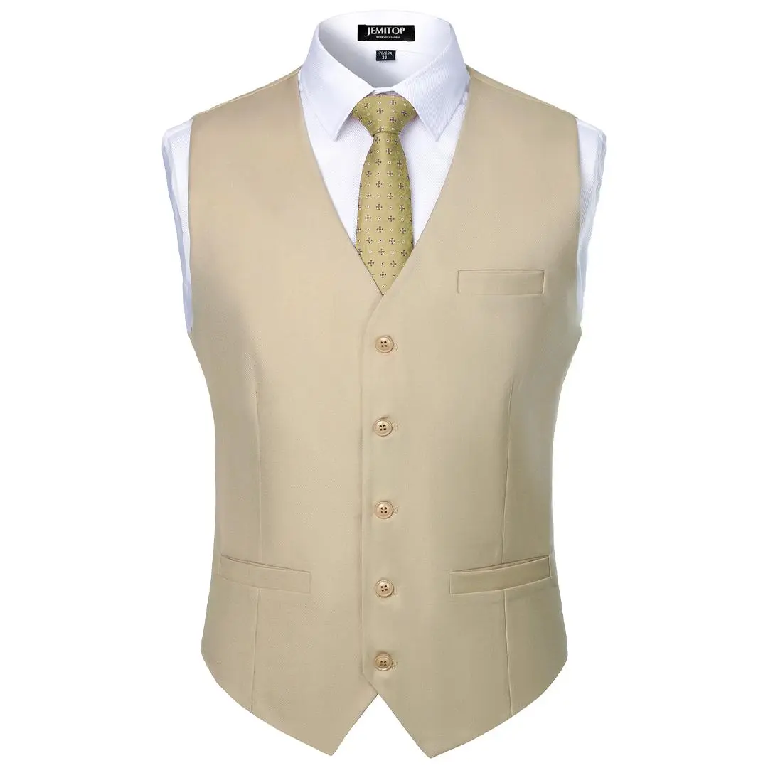JEMITOP Men's Fitted Slim Fit Button-Front Suit Vest - Menswear Soft Touch Wrinkle-Free 20% Viscose Sleeveless Plain Waistcoat with Pockets for Evening Business Outfits