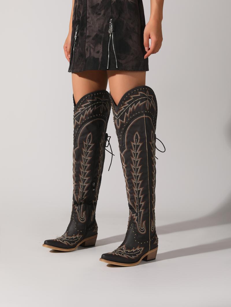 Denim Diva Thigh-High Cowgirl Boots for Women, Wide Calf Over-the-Knee Western Boots with Lace-Up, Embroidery, Side Zipper and Chunky Heel