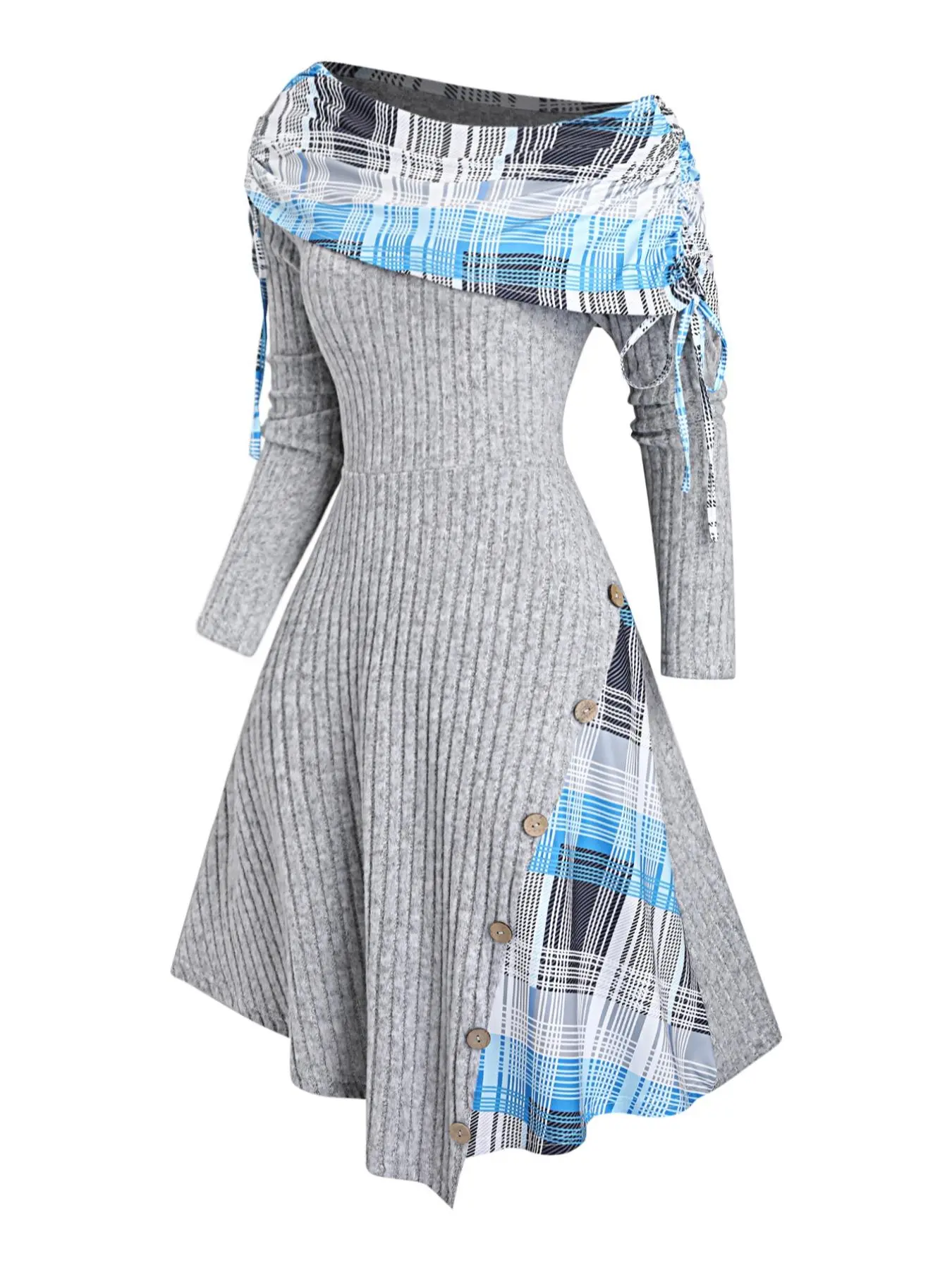 Women's Fall Winter Plaid Patchwork Asymmetrical Adjustable Tie Drawstring Button A Line Dress, Casual Long Sleeve Slim-Fitting Short Dress, Fashion Style Womenswear Lady Piece, Dresses With Sleeves