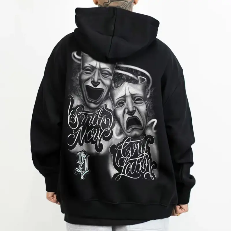 Graphic-Hoodie – Smile Now Cry Later, Good Time Bad, Chicanos Clothing Hoodie, Streetwear Lowrider Art, Gangster Mexican Clothing, Full-Color Oversized Hoodie, Urban Fashion Pullover, Trendy Unisex Sweatshirt