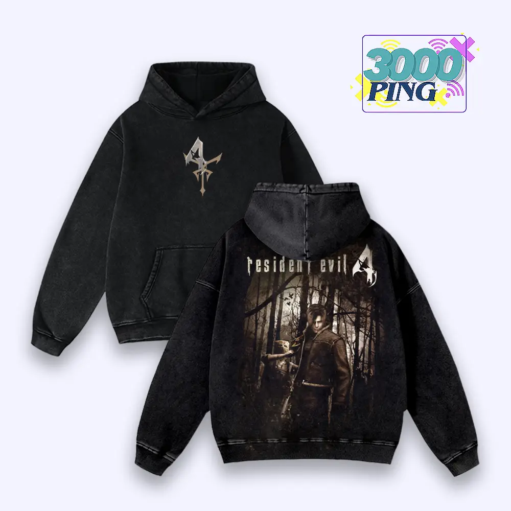Resident Evil 4 Leon Kennedy Vintage Wash Hoodie, Dark Forest Graphic T-Shirt, Survival Horror Gamer Streetwear, RE4 Remake Aesthetic, Acid Wash Mineral Oversized Sweatshirt, Las Plagas Symbol Top, Unisex Cotton Apparel