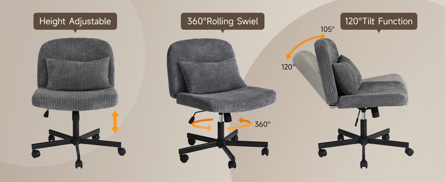 【Massage & Cozy Cushion】ONBRILL Criss Cross Chair with Wheels, Massage Cross Legged Office Chair with Double Layer Sponge Cushion, Corduroy Wide Armless Office Desk Chair Mid Back Swivel Vanity Chair for Home Office, Bedroom Furniture