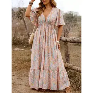 【Plus Size】All Over Boho Style Floral Print Dress, Fashion Casual Chic Vneck Dress for Daily Holiday Vacation Wear, Women Plus Clothing for Summer, Bohemian Print Dresses, Bohemian WomenswearGift