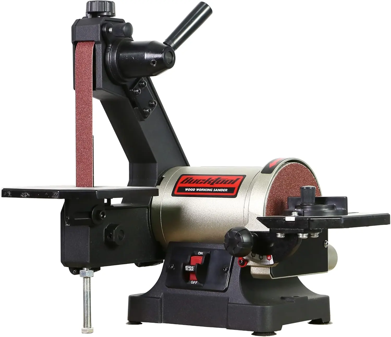 Bucktool 1x30 Inch Bench Belt Sander with 5 Inch Disc with Wrench Storage and Easy Belt Cover Off, 1/3HP Direct Drive Benchtop Belt Disc Sander, MM493C