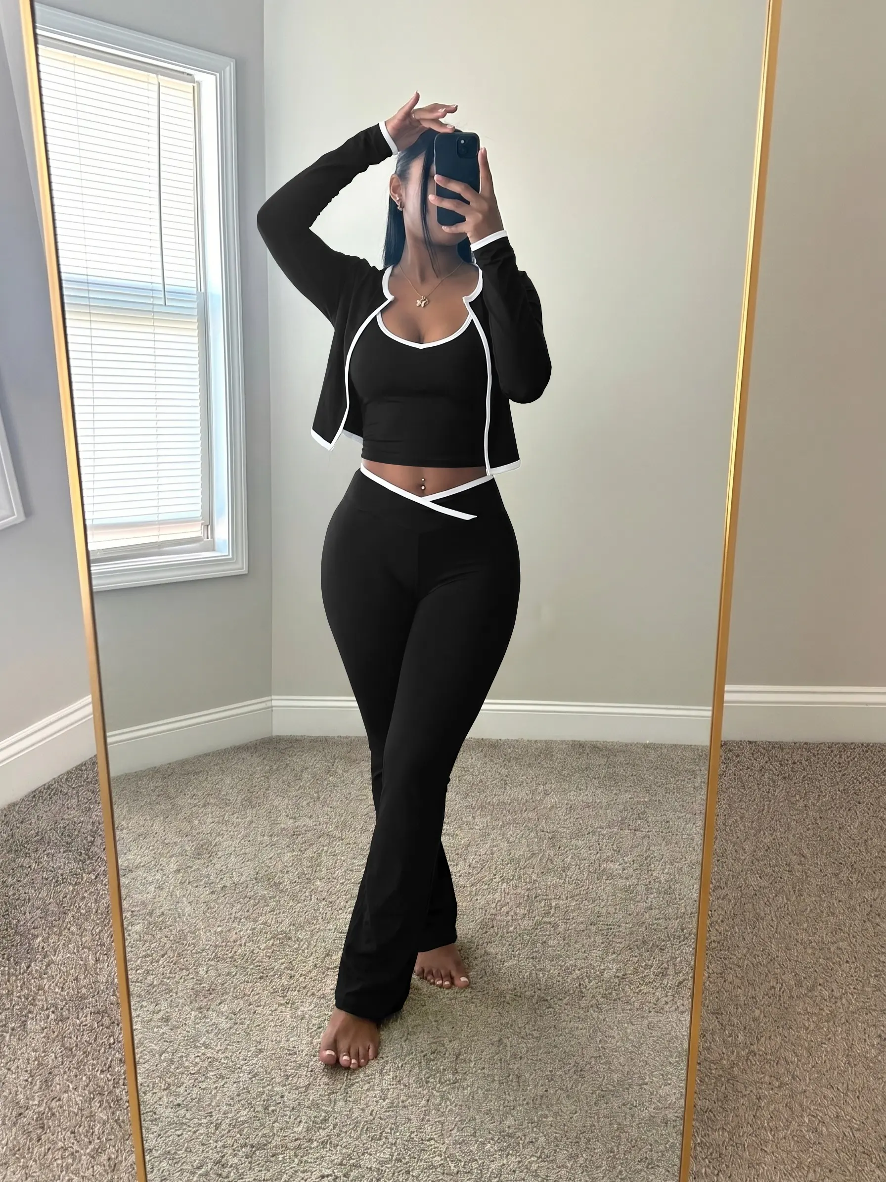 USBOUTIQUE CHIC Women’s 2026  3 Piece Activewear Set White Piping Cropped Jacket + Scoop Cami Top & Crisscross Waist Flare Leggings Lounge Outfit